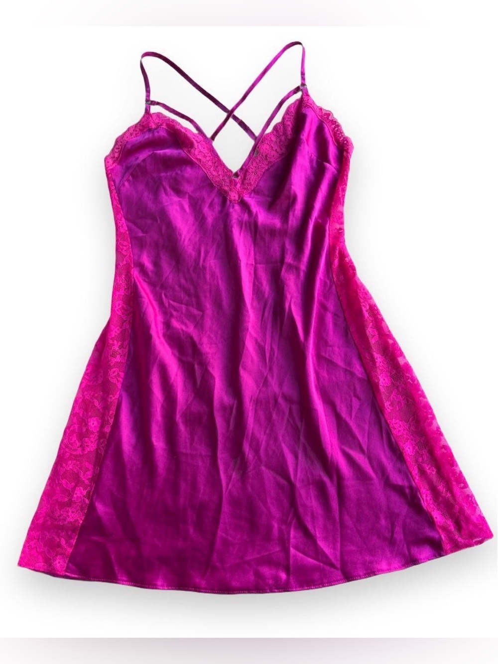 Victoria's Secret pink lace slip dress with satin finish and criss-cross straps,